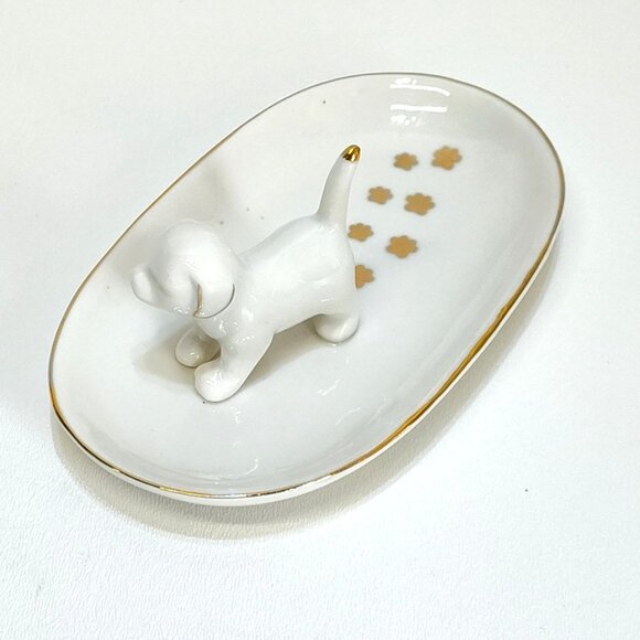 Porcelain Puppy Paw Prints Trinket Dish Gold Paint Trim Rings Coins Or Keys EUC - Picture 2 of 7